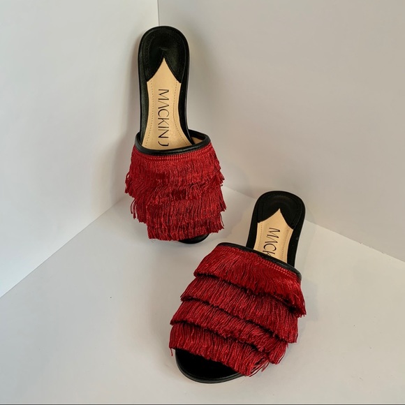 Mackin J Fringe Heeled Sandals Wine Red Burgundy - Picture 3 of 4